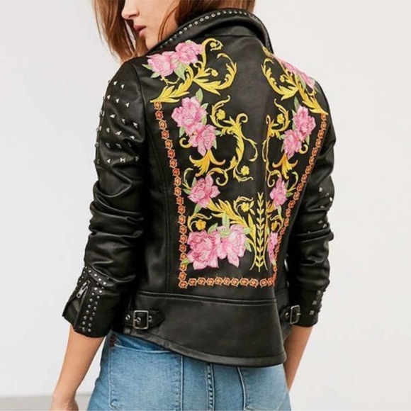 silence + noise Jackets & Blazers - Silence + Noise Irina Black Faux leather studded embroidered moto jacket small